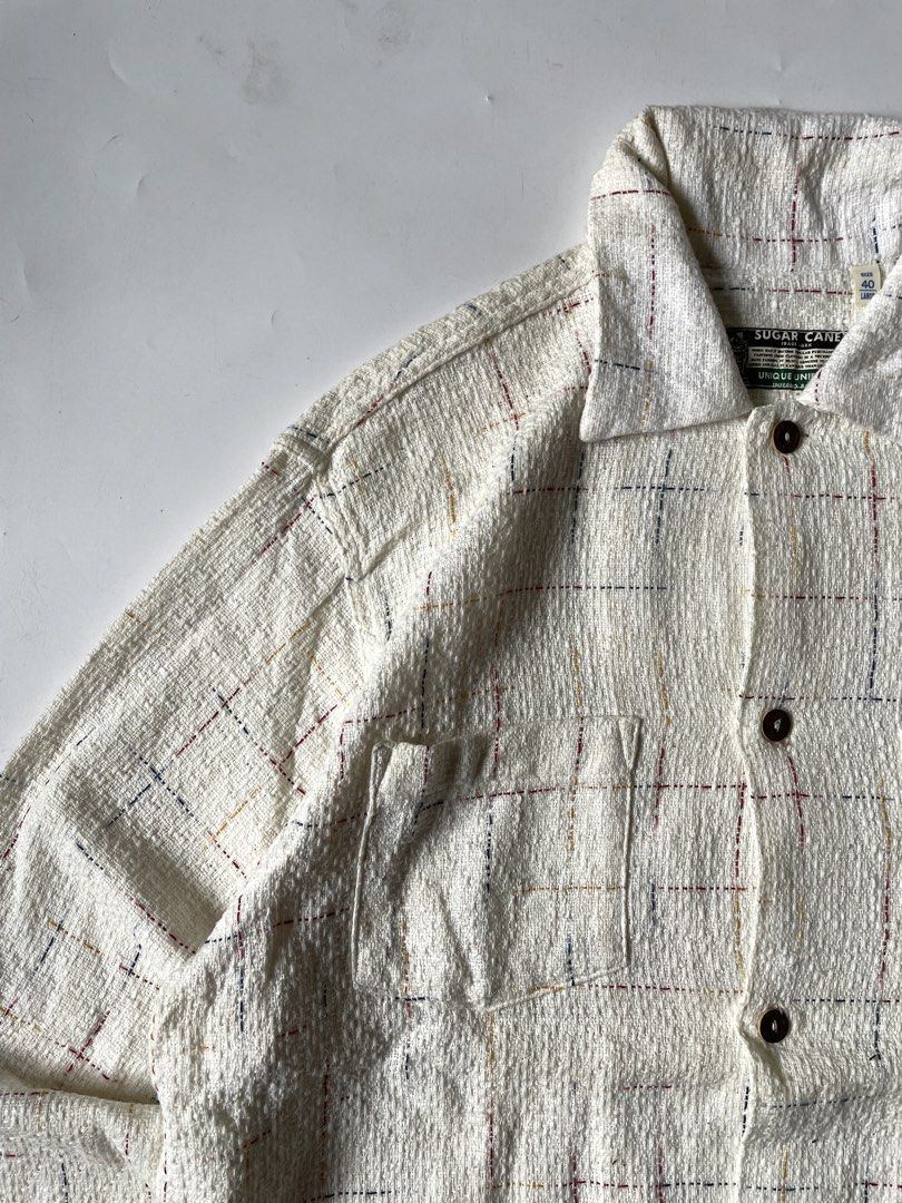 Vintage 1990’s Sugarcane Textured Button-up (Category: Coats, Jackets and Outerwear) located in Baguio. Submitted by chronicles_cache (Listing ID 1463265719, Image 3). Description: Condition: Great Size tagged: L Width: 24 Length: 30.5 Shoulder: 20 Sleeve: 25.5.