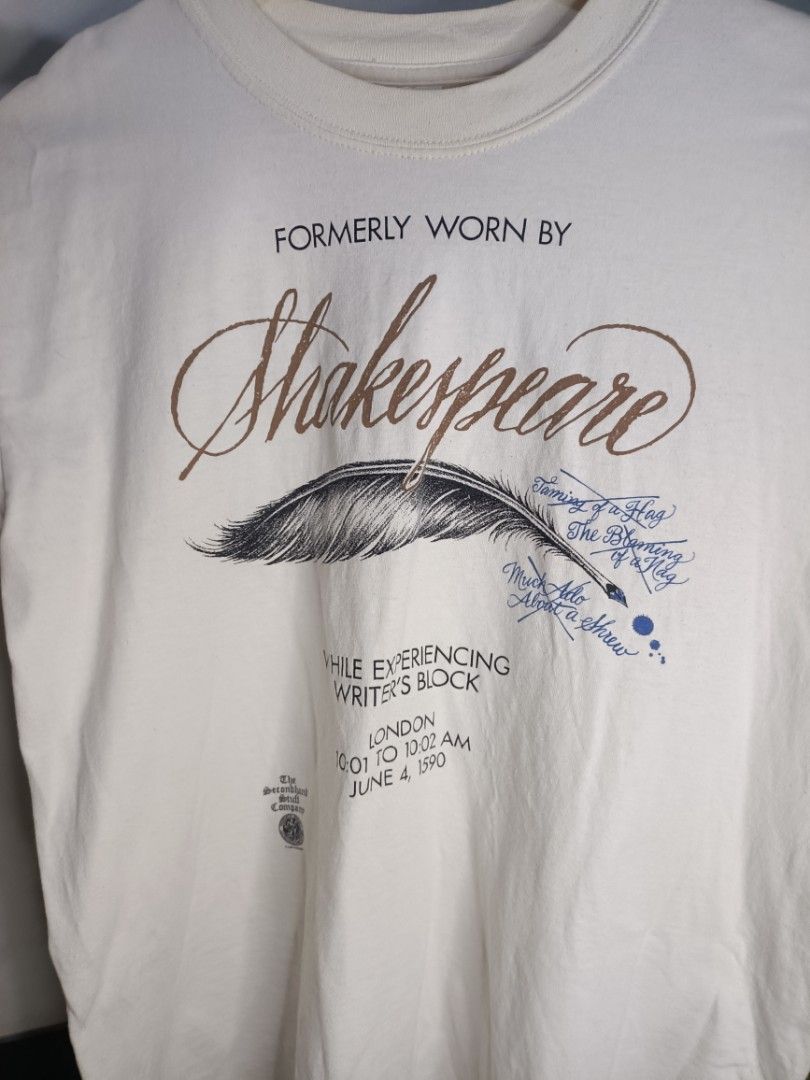 Vintage Shakespeare (Category: Tshirts & Polo Shirts ) located in Cabuyao City. Submitted by junkthreads.finds (Listing ID 1463252891, Image 3). Description: Vintage Shakespeare Tag: Gildan Dimes: 20x27 Issue(s): Rust stains, spot black stain, and hairlines Color may vary due to lightning..