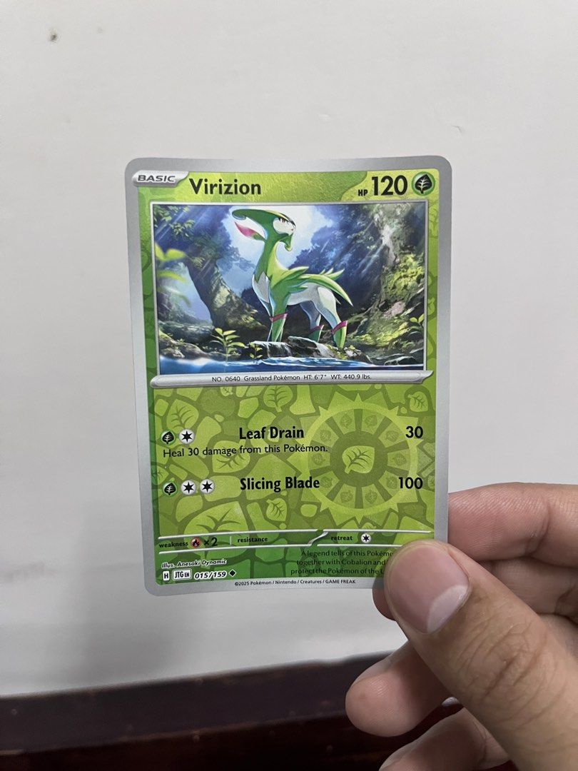 Virizion Pokemon Card 015/159 - Basic Grass Type (Category: Raw Singles) located in Pasay City. Submitted by paullimerized (Listing ID 1463145716, Image 1). Description: - Virizion Pokemon Card - Card Number: 015/159 - Type: Basic Grass - HP: 120 - Abilities: Leaf Drain, Slicing Blade - A great addition to any Pokemon card collection!.