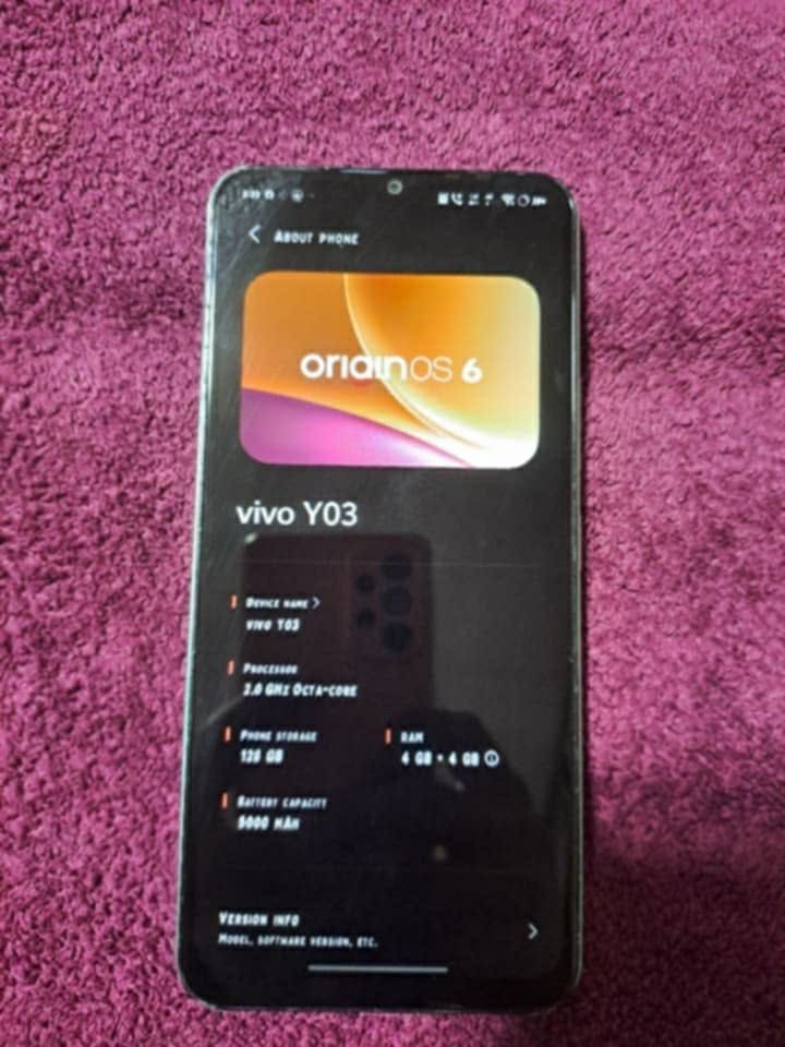 Vivo Y03 (Category: Vivo) located in Caloocan City. Submitted by jekhacloe139560 (Listing ID 1463272213, Image 2). Description: VIVO Y03 Display - Size: 6.56 inches IPS LCD - Resolution: 720 x 1612 - Refresh Rate: 90Hz - Peak Brightness: 840 nits Performance - Chipset: MediaTek Helio G85 - CPU: Octa-core - GPU: Mali-G52 MC2 - RAM: 4GB + 4GB - Storage: 128GB - Expandable: microSD up to 1TB Camera - Rear: 13MP f/2.2 - Front: 5MP f/2.2 - Video: 1080