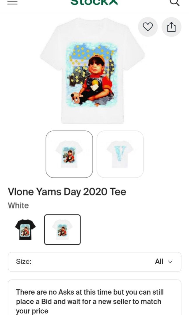 Vlone Yams Day 2020 Tee (Category: Tshirts & Polo Shirts ) located in Davao. Submitted by ayeeasyshop13 (Listing ID 1463279913, Image 1). Description: This is a white VLONE Yams Day 2020 Tee featuring a graphic print of a young child surrounded by yellow stars on the front (EXTREMELY RARE) As new condition Size Large on tag Dimension 21/29 1500 + SF.