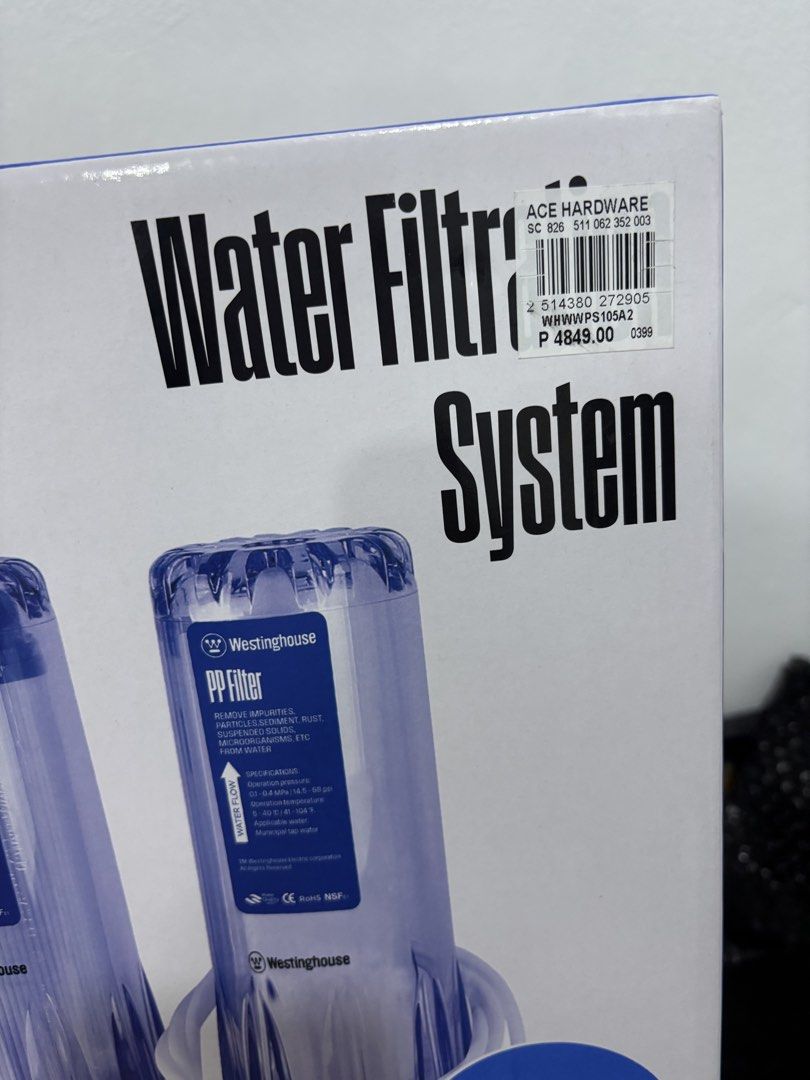 Westinghouse 2-Stage Water Filtration System (Category: Water Purifiers & Dispensers) located in Rizal. Submitted by declutteryarn (Listing ID 1463296054, Image 2). Description: - Westinghouse 2-stage water filter system - Uses Polypropylene (PP) and Granular Activated Carbon (GAC) filters - Effectively removes sediment, chlorine, and other contaminants - Improves water taste and odor - Includes long reach faucet and brass connector - Easy to ins