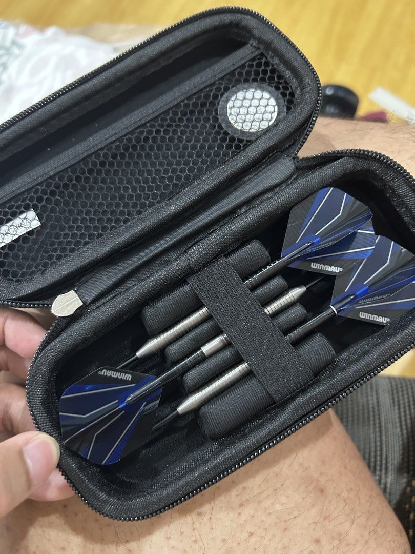 Winmau Sabotage Tungsten Darts Set with Case (Category: Other Sports Equipment and Supplies) located in Marilao. Submitted by mightygem.23de4e (Listing ID 1463245624, Image 2). Description: - Set of Winmau darts - Includes protective case for organization and safety - Darts feature stylish blue and black flights - Ideal for any dart enthusiast - Ready for your next game 26g Tungsten All stock Kabibili lang last month RFS: decluttering, impulse bu