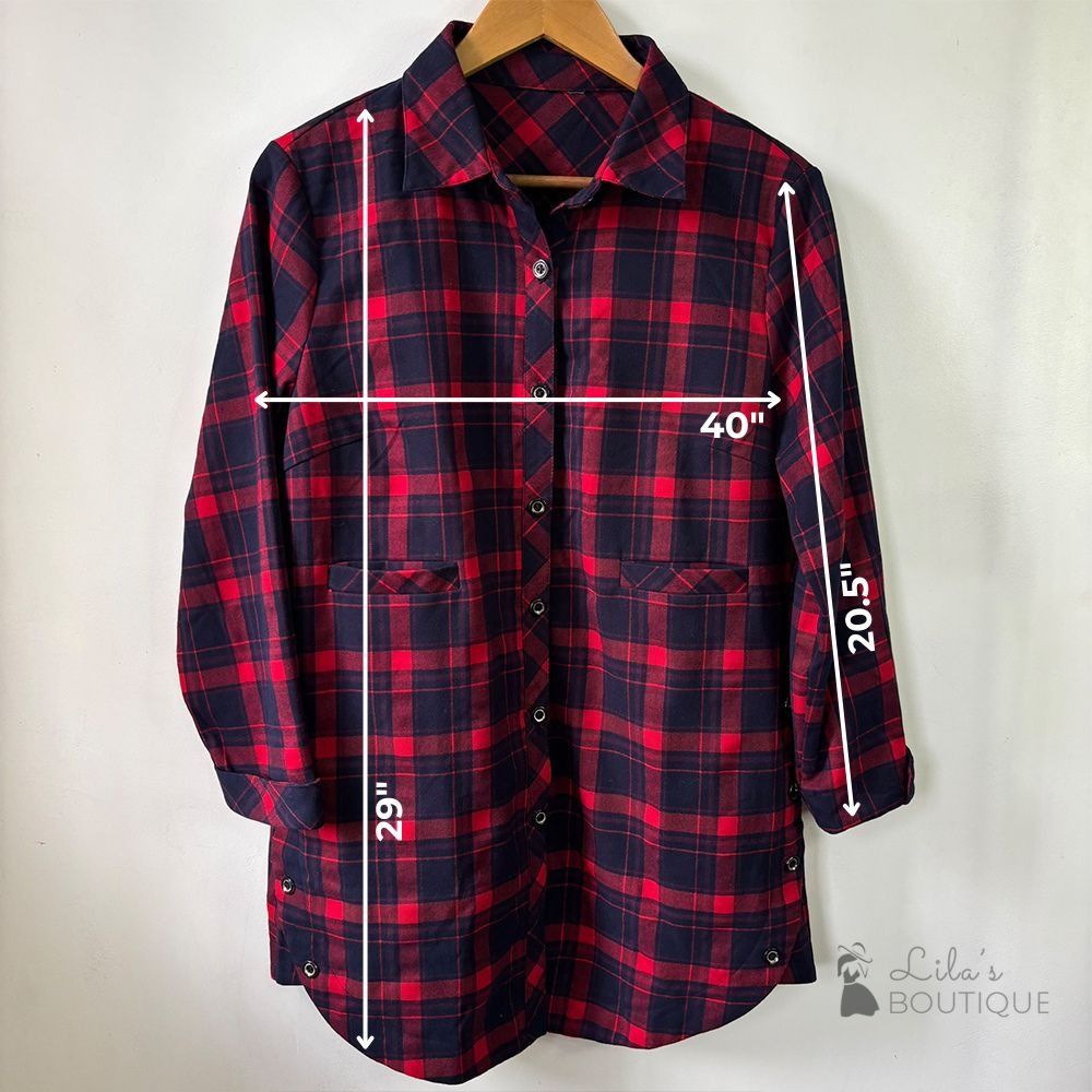 Women's 100% Cotton Plaid Shacket (Category: Coats, Jackets and Outerwear) located in San Fernando. Submitted by lilasboutique (Listing ID 1463241408, Image 2). Description: Size: LARGE (L) Chest: 40 in | Length: 29 in | Sleeve: 20.5 in Fit: Regular • Great Condition. No issues • Brand: Xin·Yajing • Color: Red • Material: 100% Cotton (Shell/Outer Fabric), 100% Polyester (Lining).