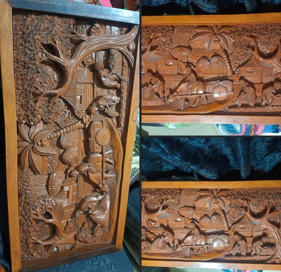 Wood Carved (Category: Wall Decor) located in Mandaluyong City. Submitted by theforgottentreasures (Listing ID 1463250603, Image 1). Description: 12k pesos! 📌 Hand-carved Wooden traditional rural Philippine harvest 32 x 16 x 2 ¾ inches heavy solid wood High-relief wood carving often integrated into vintage centerpieces, coffee table tops, or wall-mounted murals what you see is what you get.