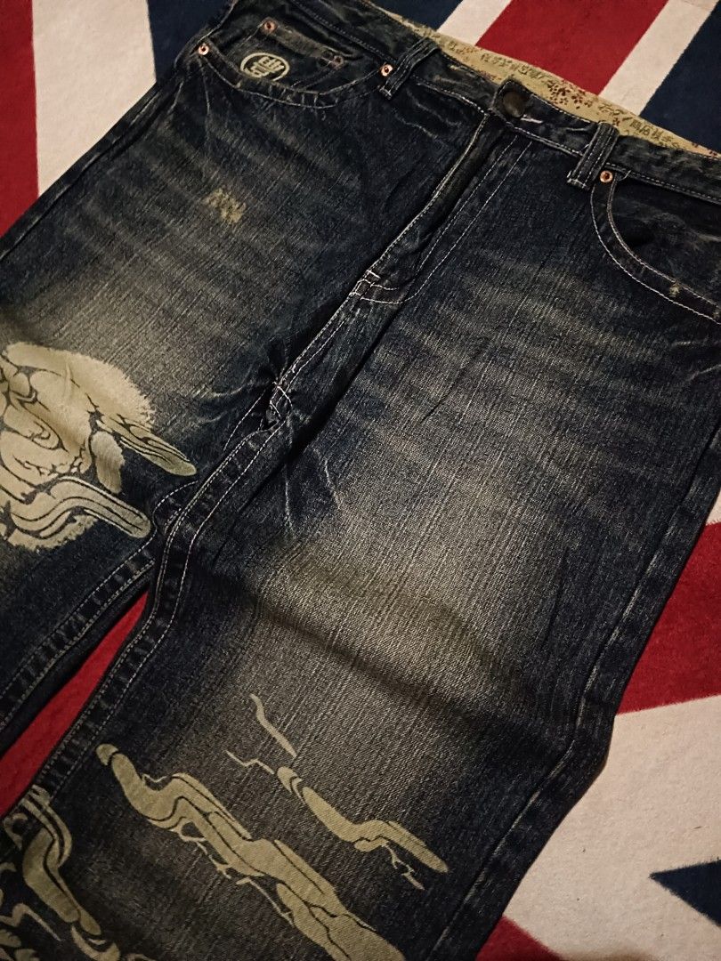 Y2K SKULL BOOTCUT JEANS (Category: Jeans) located in Santa Cruz. Submitted by rae_declutclothes (Listing ID 1463295424, Image 3). Description: 38-39 w 12 thighs 45 length 9 hem good condi heavy no issues.