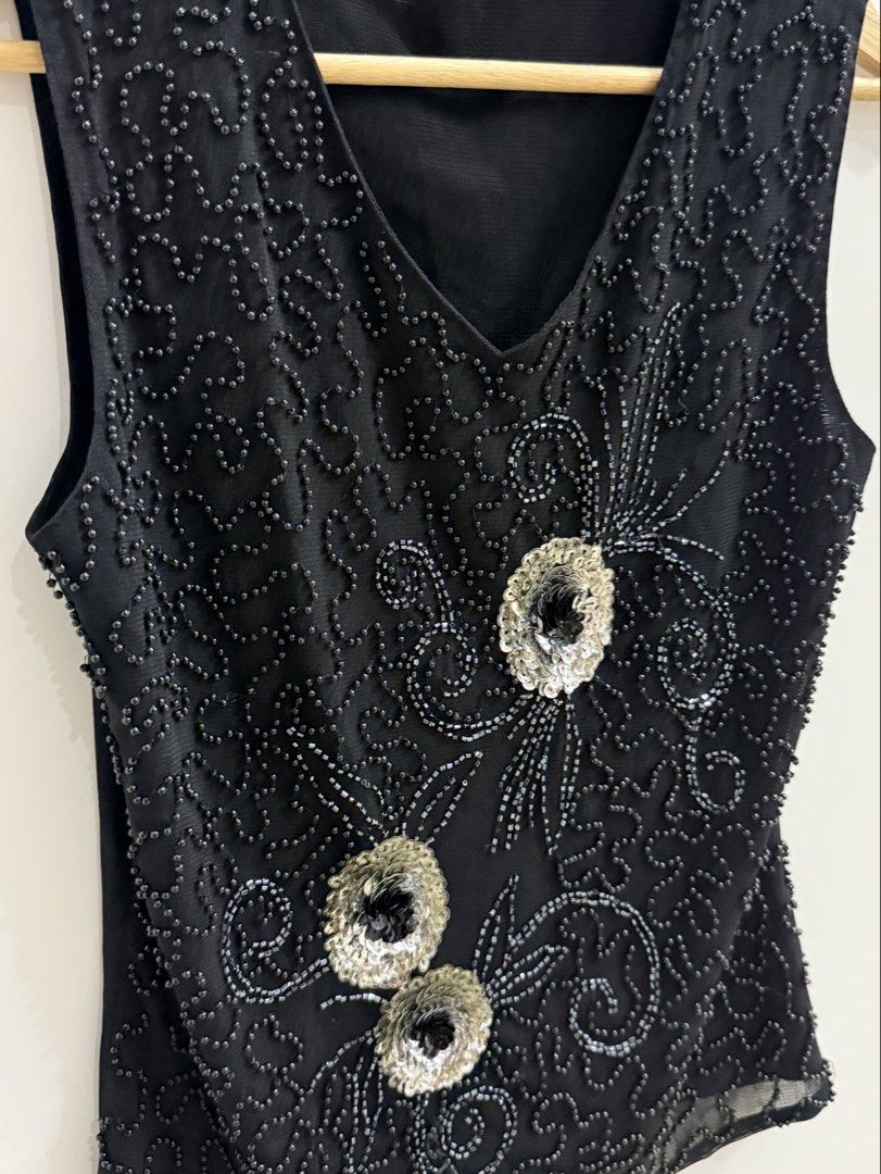 Y2K Whimsigoth Hand-Beaded Mesh Tank Top (Category: Sleeveless) located in Quezon City. Submitted by nelaire (Listing ID 1463195320, Image 3). Description: worn this top once! late 90s / early y2k tank with hand-sewn black beads and metallic sequin flowers. has a double-layered front for extra coverage, but it’s still a bit sheer overall.˚⟡˖ ☘︎ ݁˖ size: fits m-l (stretchy) material: soft fine-knit base (feels like cotton blend) + mesh overlay fla