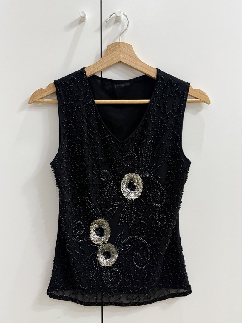 Y2K Whimsigoth Hand-Beaded Mesh Tank Top (Category: Sleeveless) located in Quezon City. Submitted by nelaire (Listing ID 1463195320, Image 2). Description: worn this top once! late 90s / early y2k tank with hand-sewn black beads and metallic sequin flowers. has a double-layered front for extra coverage, but it’s still a bit sheer overall.˚⟡˖ ☘︎ ݁˖ size: fits m-l (stretchy) material: soft fine-knit base (feels like cotton blend) + mesh overlay fla