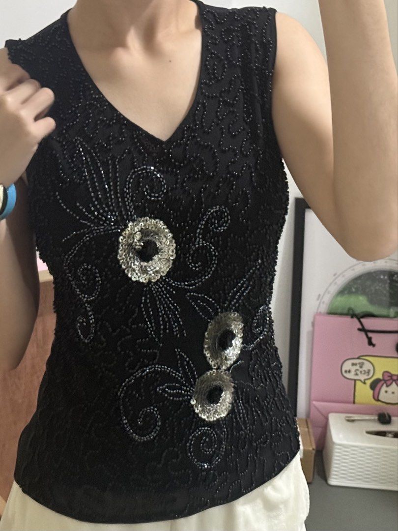 Y2K Whimsigoth Hand-Beaded Mesh Tank Top (Category: Sleeveless) located in Quezon City. Submitted by nelaire (Listing ID 1463195320, Image 1). Description: worn this top once! late 90s / early y2k tank with hand-sewn black beads and metallic sequin flowers. has a double-layered front for extra coverage, but it’s still a bit sheer overall.˚⟡˖ ☘︎ ݁˖ size: fits m-l (stretchy) material: soft fine-knit base (feels like cotton blend) + mesh overlay fla