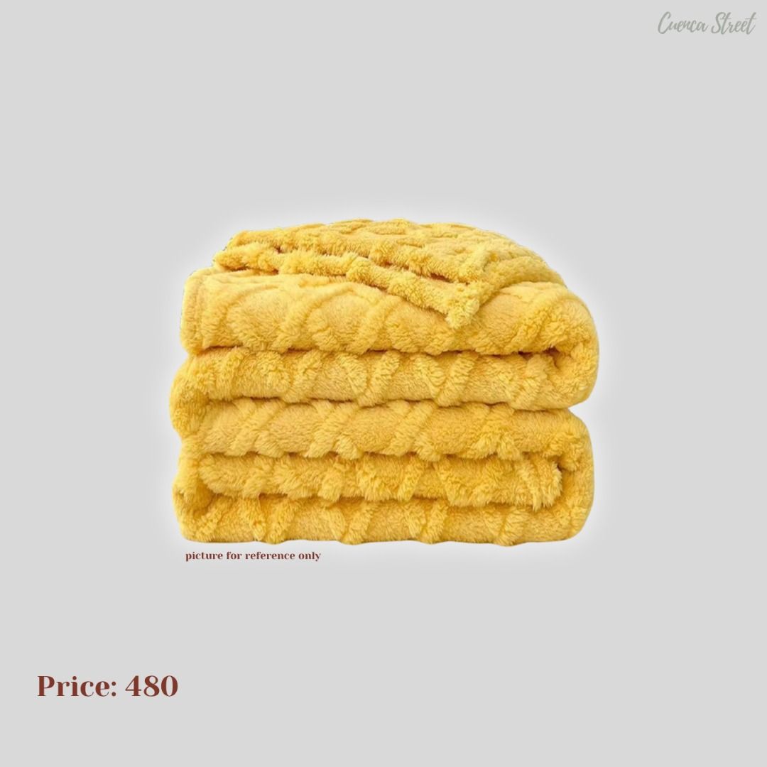 Yellow Textured Plush Blanket (Category: Bedding & Towels) located in Bulacan. Submitted by cuencastreet (Listing ID 1463298449, Image 1). Description: - Size: 200*230cm - Super soft and cozy yellow blanket - Features a lovely textured pattern all over - Ideal for snuggling on the couch or adding extra warmth to your bed - Comes in original packaging - Perfect for gifting or personal use 📩 Send us a message if you're interested. 💳 Mode of Payme