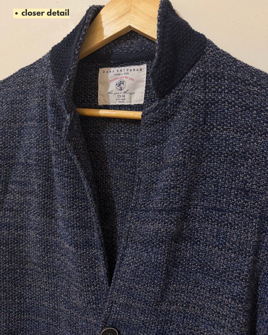 Zara Knitwear Blue Textured Blazer Jacket (Category: Coats, Jackets and Outerwear) located in Subic. Submitted by ciesells (Listing ID 1463151629, Image 2). Description: Bust: 36-38 (medium) Sleeve: 24 inches Body length: 23 inches - Knitted and heavy fabric - Working buttons - With 2 pockets in front mop: bpi/maribank/maya.