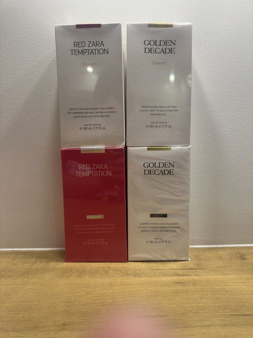 Zara perfs (Category: Fragrance & Deodorants) located in Manila. Submitted by sniffandsmell (Listing ID 1463289126, Image 1). Description: Red Temptation Winter ₱1,490 Red Temptation Sweet ₱1,490 Golden Decade Sweet ₱1,490 Golden Decade Elixir ₱1890 All original 80ml.