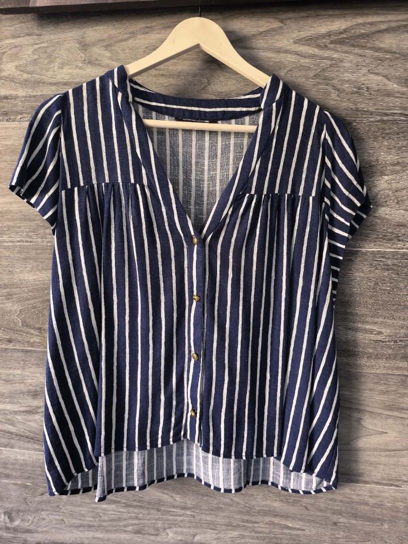 Zara Striped V-Neck Button-Up Top Size L (Category: Blouses) located in Paranaque City. Submitted by 28th_prelove (Listing ID 1463218255, Image 1). Description: - Zara navy blue and white striped top - V-neck with button-up front - Short sleeves with subtle puff detail - Pleated yoke (front and back) - High-low hemline - Size: Large (L) - Made in Morocco.