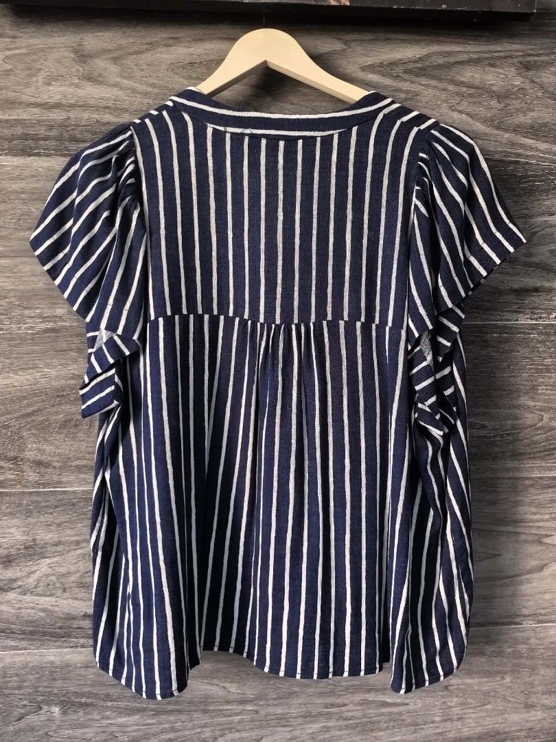 Zara Striped V-Neck Button-Up Top Size L (Category: Blouses) located in Paranaque City. Submitted by 28th_prelove (Listing ID 1463218255, Image 2). Description: - Zara navy blue and white striped top - V-neck with button-up front - Short sleeves with subtle puff detail - Pleated yoke (front and back) - High-low hemline - Size: Large (L) - Made in Morocco.