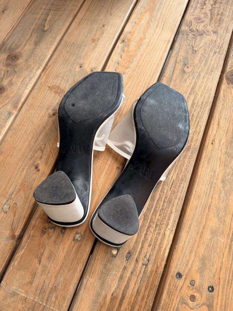 ZARA White Mesh Square Toe Block Heels (Category: Heels) located in Tuguegarao City. Submitted by joysmithznjo (Listing ID 1463201654, Image 3). Description: - ZARA White Mesh Heels - Size: 38 - Design: Square toe, block heel - Style: Easy slip-on - Condition: Good, with minor scuffs on heel edges - Versatile: Perfect for dressing up or down.