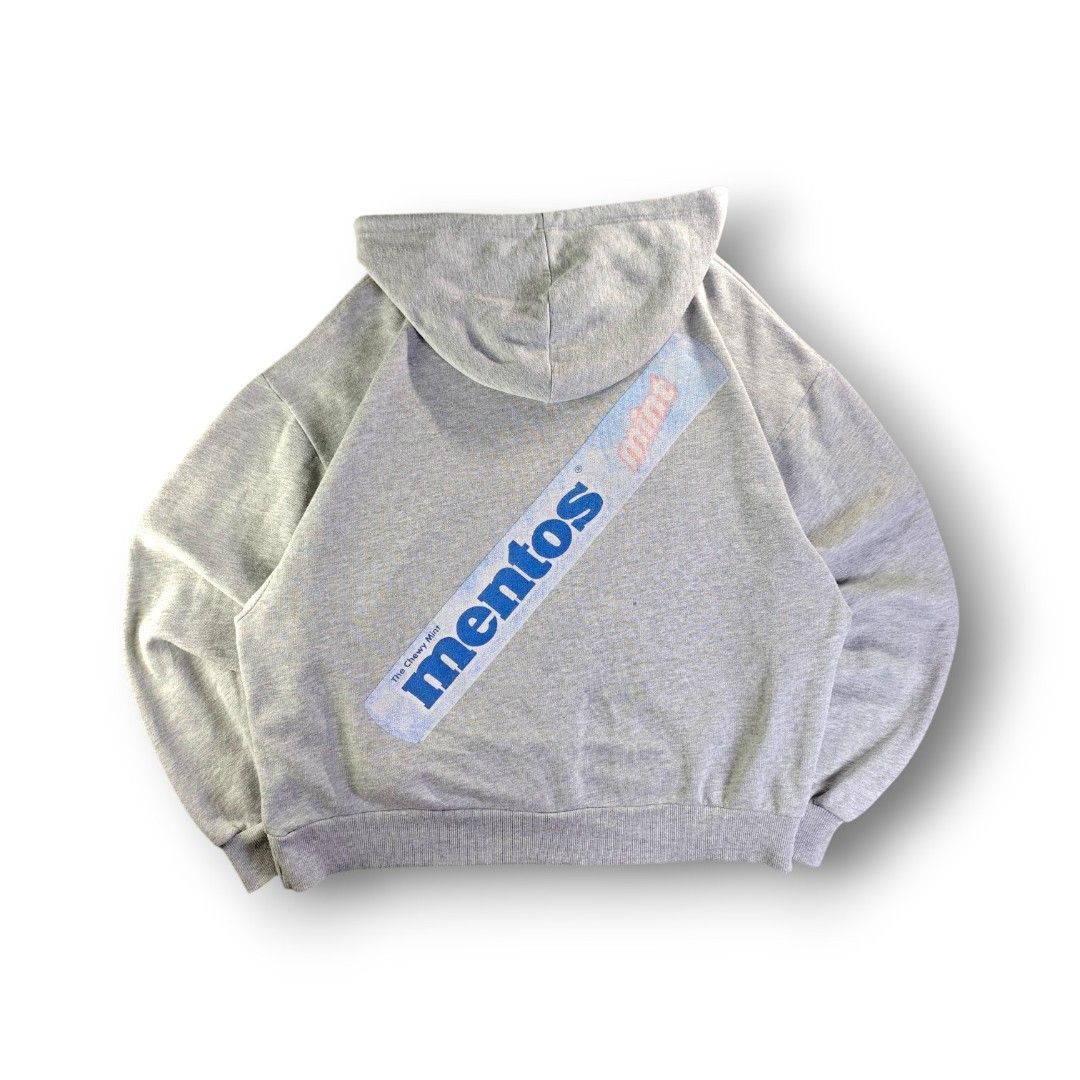 Zara x Mentos Boxy Gray Pullover Hoodie (Authentic/Legit) (Category: Coats, Jackets and Outerwear) located in San Pedro. Submitted by chronothrift2ndacc (Listing ID 1463183534, Image 2). Description: - Size: Small - Medium Boxy (W24 x 23.5L) - Condition: 9/10 - Color Rate: 9/10 - Flaws: Slightly Fade Print MOD: J&T Express / Lalamove / Meet MOP: Gcash / Bank Transfer.