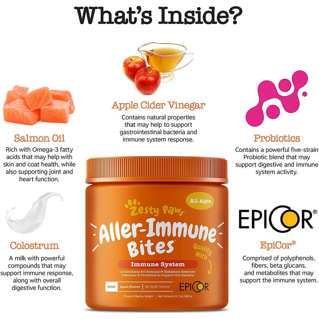 Zesty Paws Supplement (Category: Homes & Other Pet Accessories) located in Caloocan City. Submitted by blau.pancake (Listing ID 1463217225, Image 2). Description: - Zesty Paws Aller-Immune Bites for dogs - Supports immune system and gut health - Soothes irritated skin and promotes coat health - Aids digestion - Made with salmon oil, colostrum, apple cider vinegar, probiotics, and Epicor - Suitable for all ages - Delicious lamb flavor - 90 soft ch