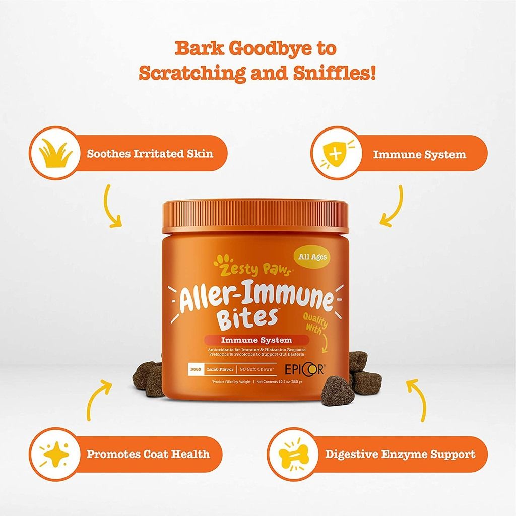 Zesty Paws Supplement (Category: Homes & Other Pet Accessories) located in Caloocan City. Submitted by blau.pancake (Listing ID 1463217225, Image 1). Description: - Zesty Paws Aller-Immune Bites for dogs - Supports immune system and gut health - Soothes irritated skin and promotes coat health - Aids digestion - Made with salmon oil, colostrum, apple cider vinegar, probiotics, and Epicor - Suitable for all ages - Delicious lamb flavor - 90 soft ch
