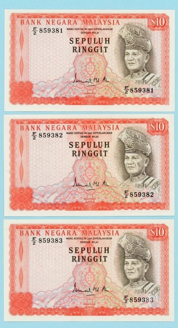 $10 Ringgit 3× Run# (Category: Currency) located in Singapore. Submitted by nice-lady (Listing ID 1463335621, Image 1). Description: No Hole, No Tear, No Fox, No Press. 1pc - $65 All 3pcs - $59 each.