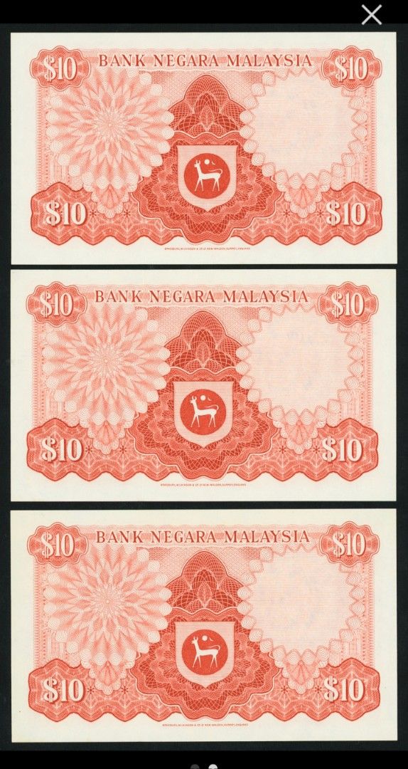 $10 Ringgit 3× Run# (Category: Currency) located in Singapore. Submitted by nice-lady (Listing ID 1463335621, Image 2). Description: No Hole, No Tear, No Fox, No Press. 1pc - $65 All 3pcs - $59 each.