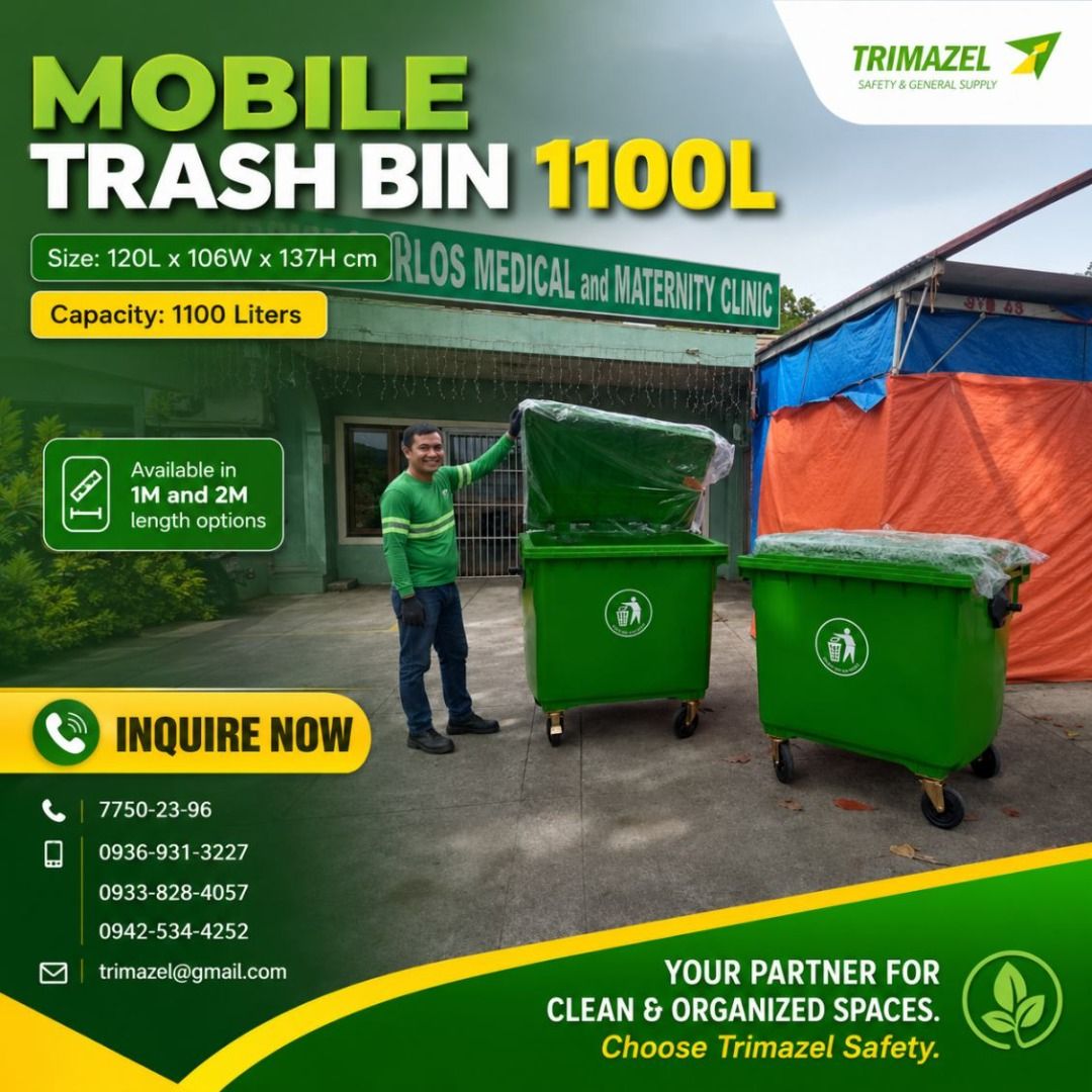 1100L MOBILE TRASH BIN (Category: Looking For) located in Caloocan City. Submitted by trzl_liza14 (Listing ID 1463342747, Image 1). Description: ✅ Guaranteed lowest price ✅ Quality products ✅ Big discount for bulk orders ✅ 100% LEGIT TRUSTED SUPPLIER! ✅ With Complete Legal Documents ✅ BIR Registered We Supply All Kinds Of PPE Supplies, Raincoat, Hard Hat, Cooler Box, Plastic Trash Bin, Road Barriers, Kayak Boats, Crystal Kayak, Traffic Cone, T-Bo