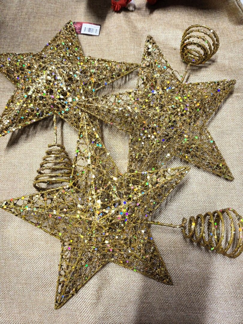 12" Gold Glitter Star Christmas Tree Topper (Category: Other Home Decor) located in Rizal. Submitted by gkstcenit (Listing ID 1463344157, Image 2). Description: - Sparkling gold glitter star for your Christmas tree - Size: 12 inches - Features a coiled base for easy attachment - Adds a festive touch to your holiday decor - Price reduced from 699! - 3 pieces available.