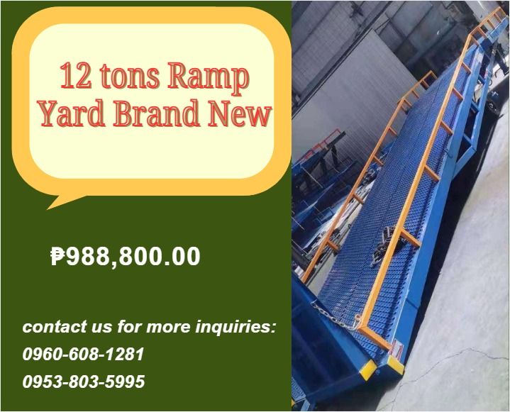 12 tons Ramp Yard Brand New (Category: Home Improvement Tools & Accessories) located in Caloocan City. Submitted by 09263834248 (Listing ID 1463370023, Image 1). Description: - Model:DCQY-12 - Type: Mobile - Up and down control: manual - Load capacity: 12 ton - Height adjust range: 1100-1800mm - Dimension: 11150*2100*1100mm -Lifting type: electric pump motor - Self weight:3100kg ●Overall size 11150*2100*1100mm ●Platform capacity 12000kg ●Lifting 