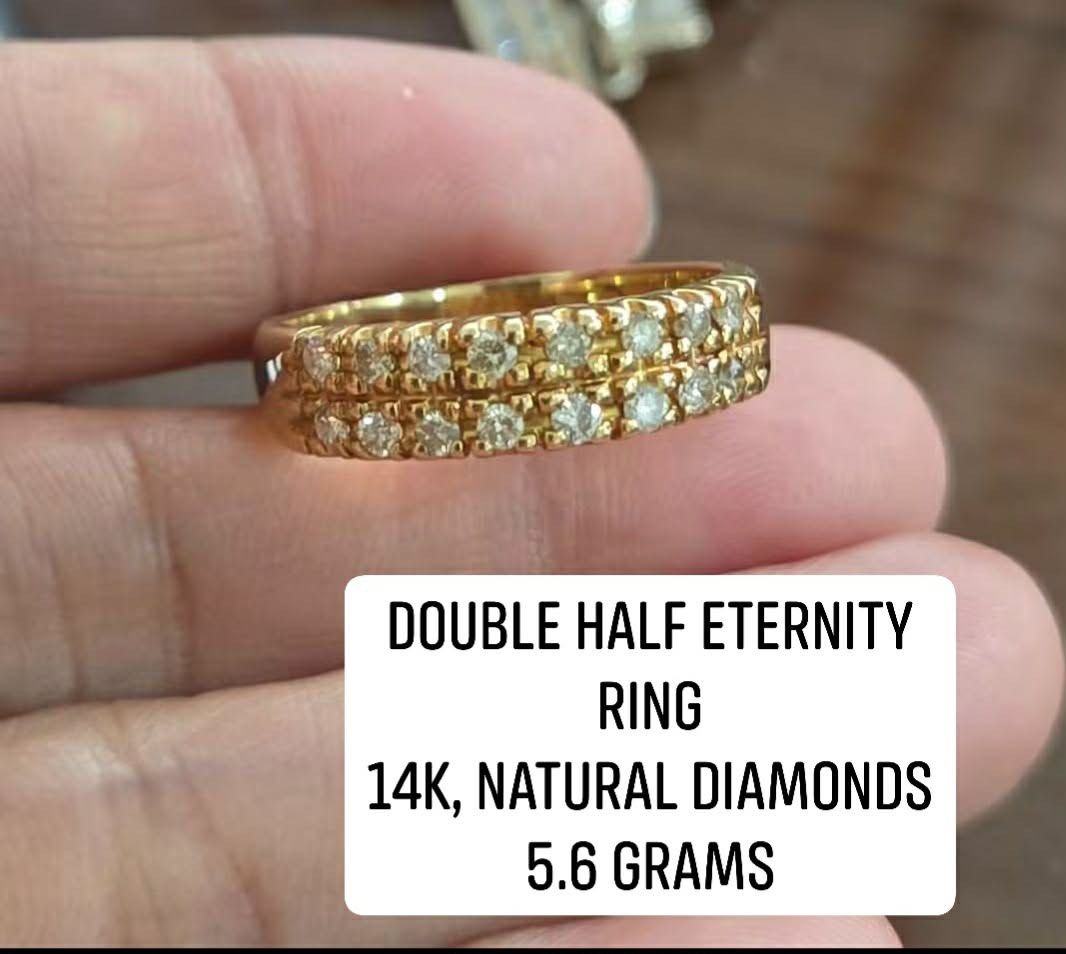 14K Double Half Eternity Ring with Natural Diamonds (Category: Rings) located in Bacolod City. Submitted by purrfectfit (Listing ID 1463453342, Image 1). Description: - Double half eternity ring - Set in 14K gold - Features natural diamonds all around - Weighs 5.6 grams - Classic piece for everyday sparkle - Great for stacking or wearing on its own.