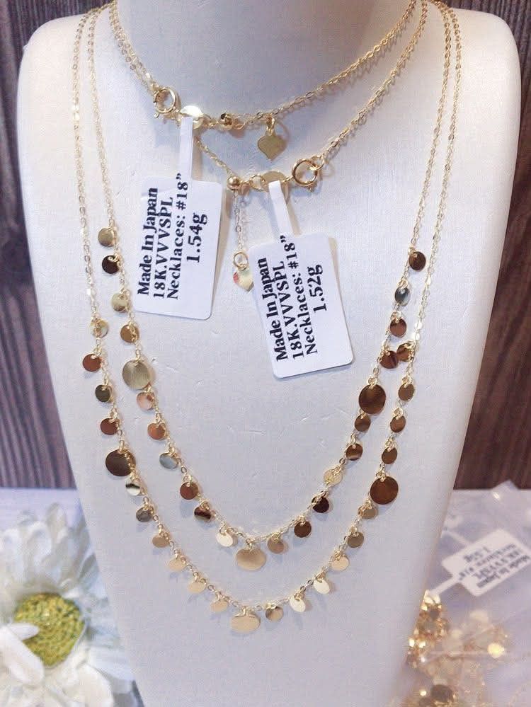 18k Japan gold disc necklaces (Category: Necklaces) located in Manila. Submitted by bhelgoldseller2ndaccount (Listing ID 1463550717, Image 1). Description: New!!✨New!!✨New!! Authentic 18k Japan Golds 💯pawnable/naisasanla 💯with high appraisal rate 💯good investment 💯Direct supplier price 👉OPEN for resellers 🌺please take time to evaluate their actual sizes and grams 👉Best panggift for all occasions ✅ Sold per grams not per piece Kya lowest pr