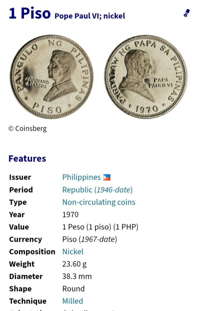 1970 Piso Pope/Marcos coin (Category: Currency) located in Manila. Submitted by wildcrystal.3b537c (Listing ID 1463550130, Image 3). Description: Low mintage- 70,000 pcs only.