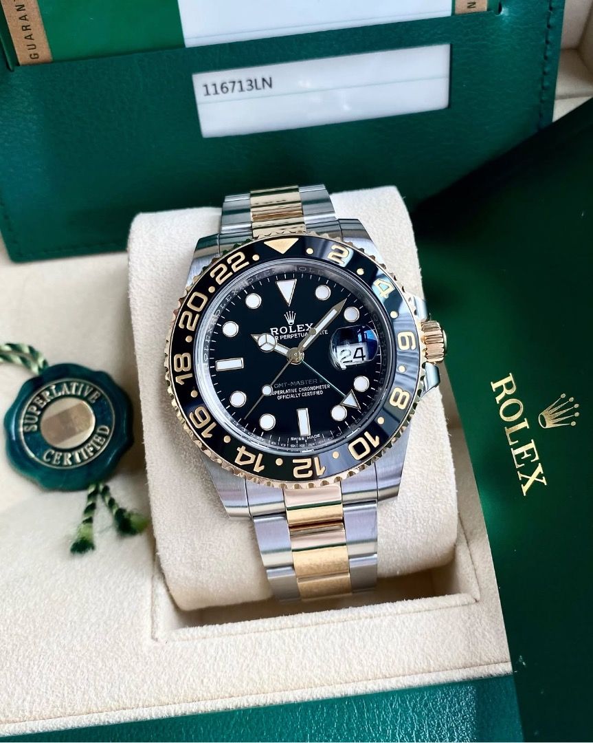 2017 Rolex GMT-Master II 116713LN 40mm (Category: Luxury Watches) located in Quezon City. Submitted by thetimecapsule.ph (Listing ID 1463492740, Image 1). Description: 2017 Rolex GMT-Master II 116713LN 40mm Reference: 116713LN Case size: 40mm Green arrow hand (GMT) 18K yg-filled numerals 18K two-tone yg/rolesor Like-new/LNIB: 9.8/10 Foreign AD (Year 2017) Complete: Box, card, green tag, manual, booklet. Price: Php795,000.00.