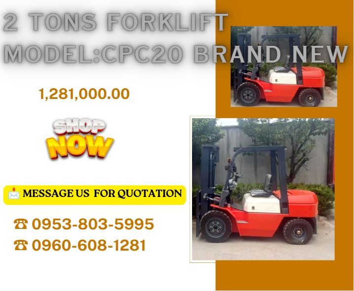 2 tons FORKLIFT Model:CPC20 brand new (Category: Industrial Equipment) located in Caloocan City. Submitted by goldenriver-a9d0 (Listing ID 1463380595, Image 1). Description: ●Capacity : 2000Kg. ●Load Centre : 500mm. ●Wheelbase: 1600mm ●Fork length:1220mm ●Maximum Lift Height :3000mm. ●Overall Length : 2602mm ●Overall Width: 1170mm ●Overall Height: 2070mm ●Ground Clearance: 110mm ●Mini Turning Radius: 2170mm ●Engine: Xinchai ●Self weight:3000kg ●T