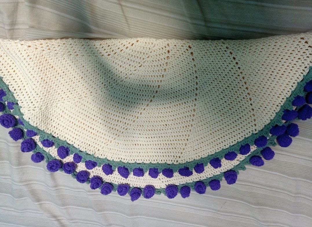 30cm Crochet blanket boquet (Category: Other Accessories) located in Baguio. Submitted by vyner_hues (Listing ID 1463406636, Image 3). Description: - Beautiful handmade crocheted blanket or shawl. - Intricate crochet work with decorative pom-pom edging. - Available in cream with blue, purple, or yellow pom-poms. - Adds a cozy touch to your home or as a stylish accessory. - Each piece is unique and crafted with care. - Great for gifting!.