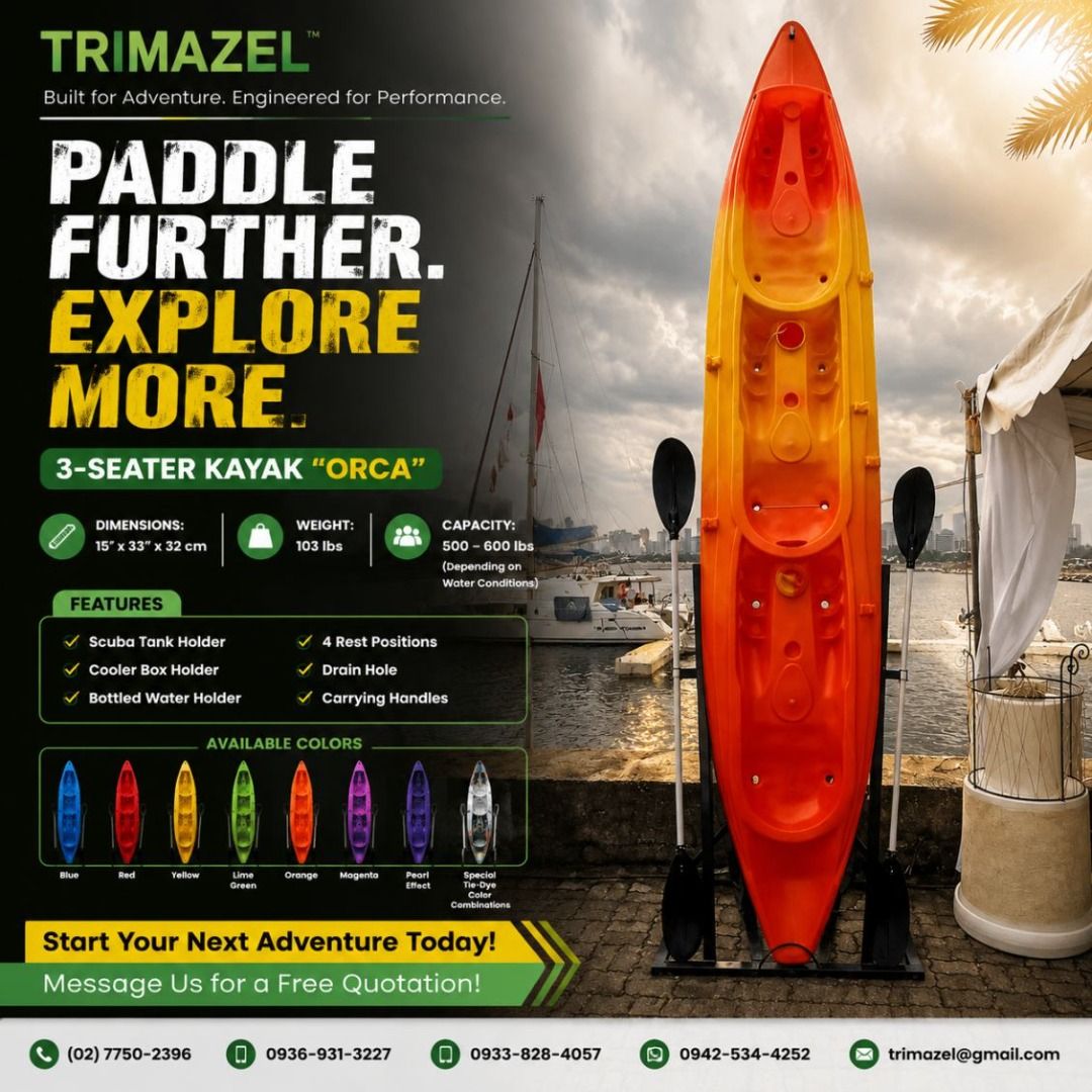 3 SEATER KAYAK ORCA (Category: Looking For) located in Caloocan City. Submitted by trzl_liza14 (Listing ID 1463346243, Image 1). Description: ✅ Guaranteed lowest price ✅ Quality products ✅ Big discount for bulk orders ✅ 100% LEGIT TRUSTED SUPPLIER! ✅ With Complete Legal Documents ✅ BIR Registered We Supply All Kinds Of PPE Supplies, Raincoat, Hard Hat, Cooler Box, Plastic Trash Bin, Road Barriers, Kayak Boats, Crystal Kayak, Traffic Cone, T-Bolla