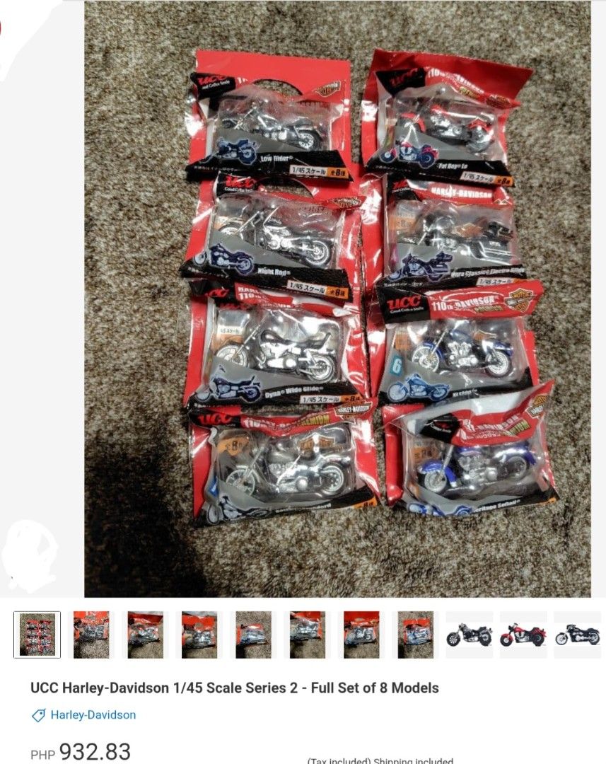 8pcs Harley-Davidson Motorcycle Collection Display Set case #1 (Category: Vehicle & Diecast Models) located in Manila. Submitted by the_thrift_shop_onlineph (Listing ID 1463125735, Image 2). Description: No long reservation, priority ASAP buyer Products in hand ready to ship Feel free to chat, message or text for additional pictures and inquiry for the availability of the items before placing an order. What you see what you get (see pictures) Det