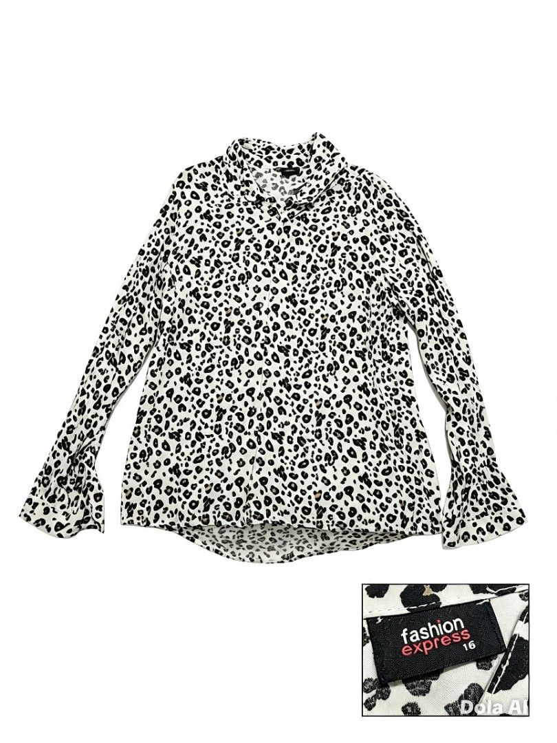 🐆 Fashion Express Leopard Print Button-Down Blouse — Size 16 (Category: Blouses) located in Paranaque City. Submitted by gentle.declutter (Listing ID 1463399694, Image 1). Description: 🐆 Fashion Express Leopard Print Button-Down Blouse — Size 16 ✅ Brand: Fashion Express ✅ Size: 16 — loose, relaxed fit ✅ Design: Classic leopard print on off-white base • black + tan spots ✅ Features: Collared • full button-front placket • 2 chest pockets • 3/4 ro