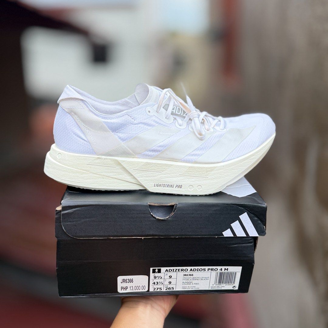 ADIDAS Adizero Adios Pro 4 White (Category: Sneakers) located in Liloan. Submitted by ajsneaks (Listing ID 1463512874, Image 1). Description: ADIDAS Adizero Adios Pro 4 White Available sizes: 8.5, 9.5, 10, 10.5 MENS Price: ₱7,499 + SHIPPING FEE! ✅ (WAY BELOW MALL PRICE) ❌ Note: meron minimal stain sa lace only. 100% Original | Brand new with box! 💯 (10X MONEY BACK IF PROVEN FAKE) MOP: GCASH | BDO | BPI ✅ Vouches? Reference? Check us all you want