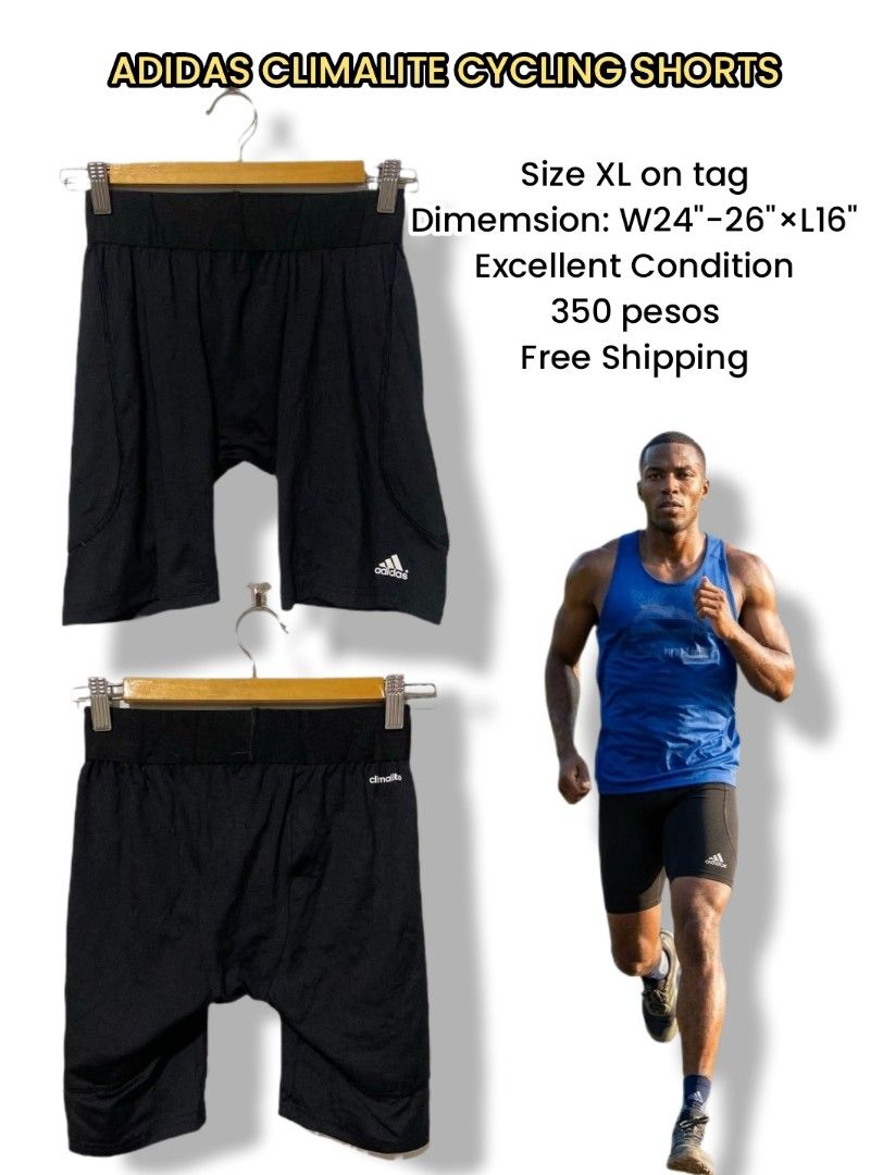 Adidas Climalite Cycling Shorts (Category: Activewear) located in Meycauayan. Submitted by epicforest_231b9d (Listing ID 1463326739, Image 1). Description: - Adidas Climalite cycling shorts - Color: Black - Size: XL (fits waist 24-26 inches) - Length: 16 inches - Condition: Excellent - Perfect for cycling or running - FREE SHIPPING included.