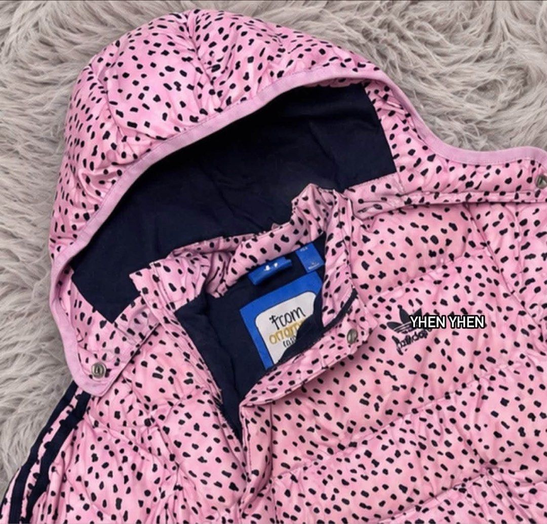 Adidas Pink Black Dot Puffer Jacket with Hood (Category: Coats, Jackets and Outerwear) located in Manila. Submitted by goldencrystal.1726fa (Listing ID 1463457380, Image 3). Description: - Adorable pink Adidas puffer jacket for 2-3 years old girl - Features a cute black dot pattern - Cozy navy blue lining and hood interior - Classic Adidas stripes on the sleeves - Unique 'From Originals With Love' tag - Ideal for keeping warm during cooler weathe