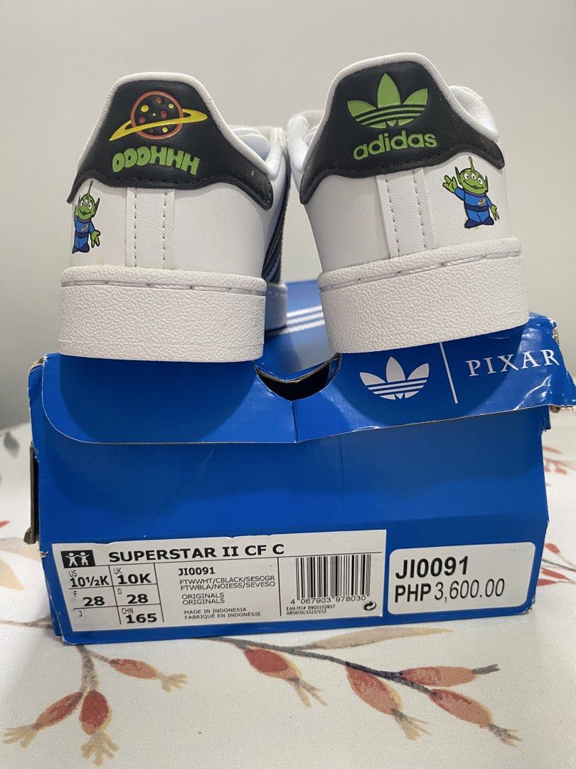 Adidas Superstar (Category: Babies & Kids Fashion) located in Batangas. Submitted by decluttery0908 (Listing ID 1463359675, Image 2). Description: TO SAVE TIME and REPETITION, inquiries covered by this listing will go UNANSWERED. PLEASE READ THE CAPTION BEFORE ASKING. Make reading a habit. Adidas Superstar Disney Pixar P2500 + sf Size: 10.5 US Bnew with box 💯auth Please know your child’s size and refrain from asking for how old. Children’s feet 