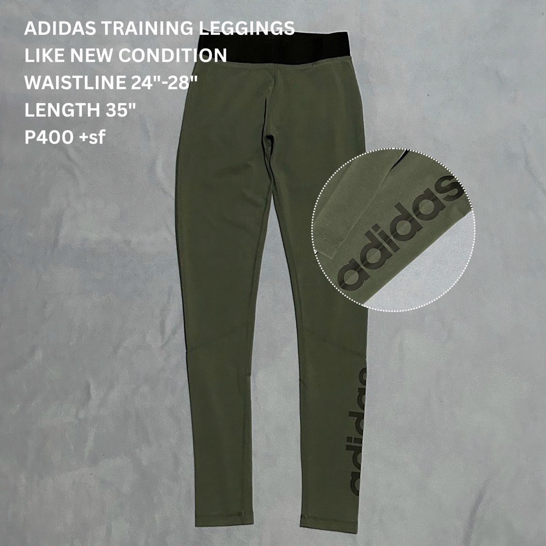 Adidas Training Leggings Olive Green (Category: Activewear) located in Miagao. Submitted by juliusokra (Listing ID 1463553481, Image 1). Description: Adidas olive green training leggings. Fits waist 24-28 inches, 35 inches long. Cotton/elastane blend for comfort. Perfect for workouts or everyday style..