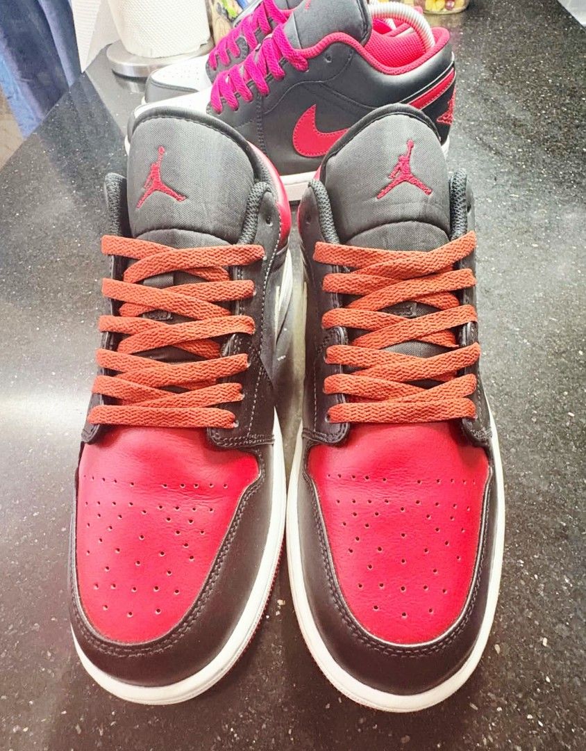 Air Jordan 1 low Alternate Bred toe & White Toe (Category: Sneakers) located in Cavite. Submitted by quickmoon_381624 (Listing ID 1463344472, Image 2). Description: Air Jordan 1 low Alternate Bred Toe & Air Jordan 1 Low White Toe ➡️ Selling as Pair ➡️ RFS: Decluttering ➡️both pairs are in excellent condition ➡️No Sole Sep, Heel Drag Inclusions ✔️Autehntic Air Jordan 1 low Shoes ✔️Box ✔️Inserts ✔️Crease protector installed ✔️ extra black and red l