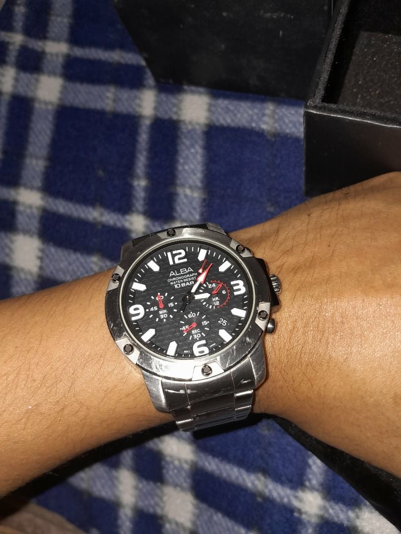Alba Active Chronograph AT3827X1 (Category: Jewelry) located in Caloocan City. Submitted by oddstone_56 (Listing ID 1463348787, Image 2). Description: highly negotiable highly negotiable • Case Number: VD53-X195 • Movement: Japanese Seiko Quartz (VD53 Calibre) • Case Size: 45mm (Rugged Sport Design) • Water Resistance: 10 Bar / 100 Meters • Dial: 3D Black Honeycomb texture with red accents • Glass: Curved Mineral Crystal • Date display .