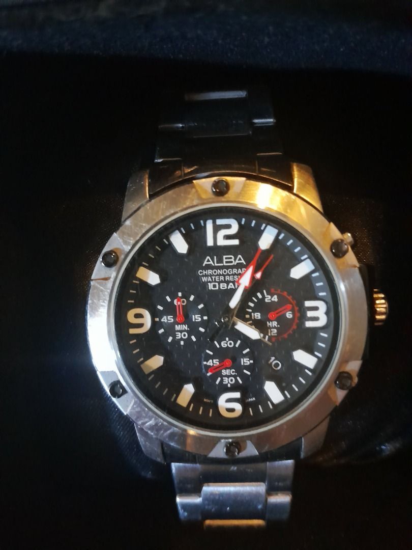 Alba Active Chronograph AT3827X1 (Category: Jewelry) located in Caloocan City. Submitted by oddstone_56 (Listing ID 1463348787, Image 1). Description: highly negotiable highly negotiable • Case Number: VD53-X195 • Movement: Japanese Seiko Quartz (VD53 Calibre) • Case Size: 45mm (Rugged Sport Design) • Water Resistance: 10 Bar / 100 Meters • Dial: 3D Black Honeycomb texture with red accents • Glass: Curved Mineral Crystal • Date display .