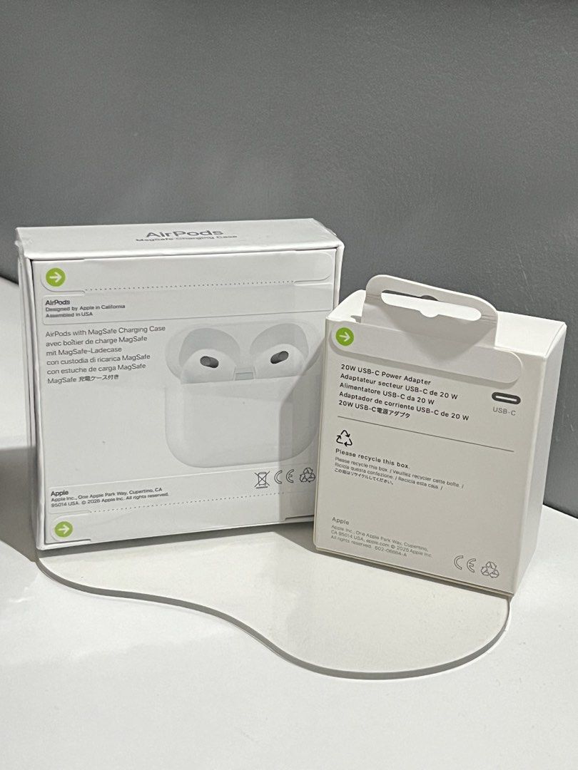 Apple AirPods 3rd Generation with FREE 20W USB-C Adapter (Category: Earphones) located in Dasmarinas. Submitted by chesnut97 (Listing ID 1463442133, Image 2). Description: - AirPods (3rd generation) - NGA but Highquality performance - FREE 20W USB-C Power Adapter included - Designed by Apple in California, Made in China - Compatible with iOS, iPadOS, Apple Watch, and Mac devices - Tested with the latest software - Ship via J&T or Lalamove (no rus