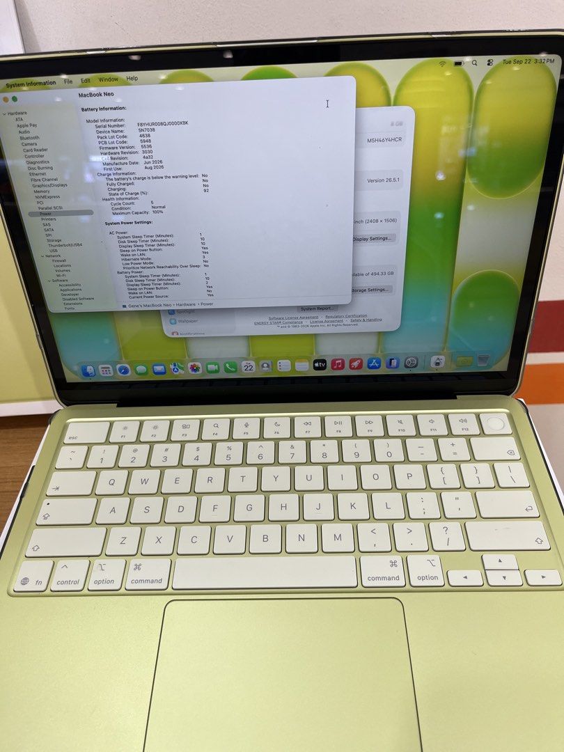 Apple MacBook Neo A18 (Category: Laptops & Notebooks) located in Manila. Submitted by gene0805 (Listing ID 1463430576, Image 3). Description: - MacBook Neo 512gb for sale - Powerful Apple A18 Pro chip - 8GB RAM for smooth multitasking - Vibrant 13-inch display (2408 x 1506 resolution) - Runs macOS Tahoe version 26.5.1 - Excellent battery health at 100% 5cc - Warranty Until August 2027 - Comes with original box.