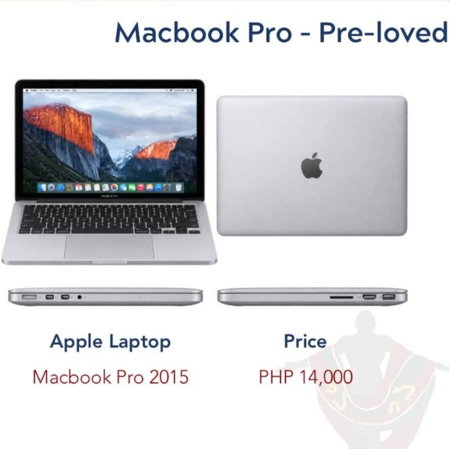 Apple Macbook Pro 2015 (Category: Laptops & Notebooks) located in Quezon City. Submitted by emem_00 (Listing ID 1463375941, Image 1). Description: - Pre-loved Macbook Pro 2015 - Good working condition - Ideal for everyday tasks and school work - Price: PHP 14,000 - Inquiries: Contact +63 928 504 7070.