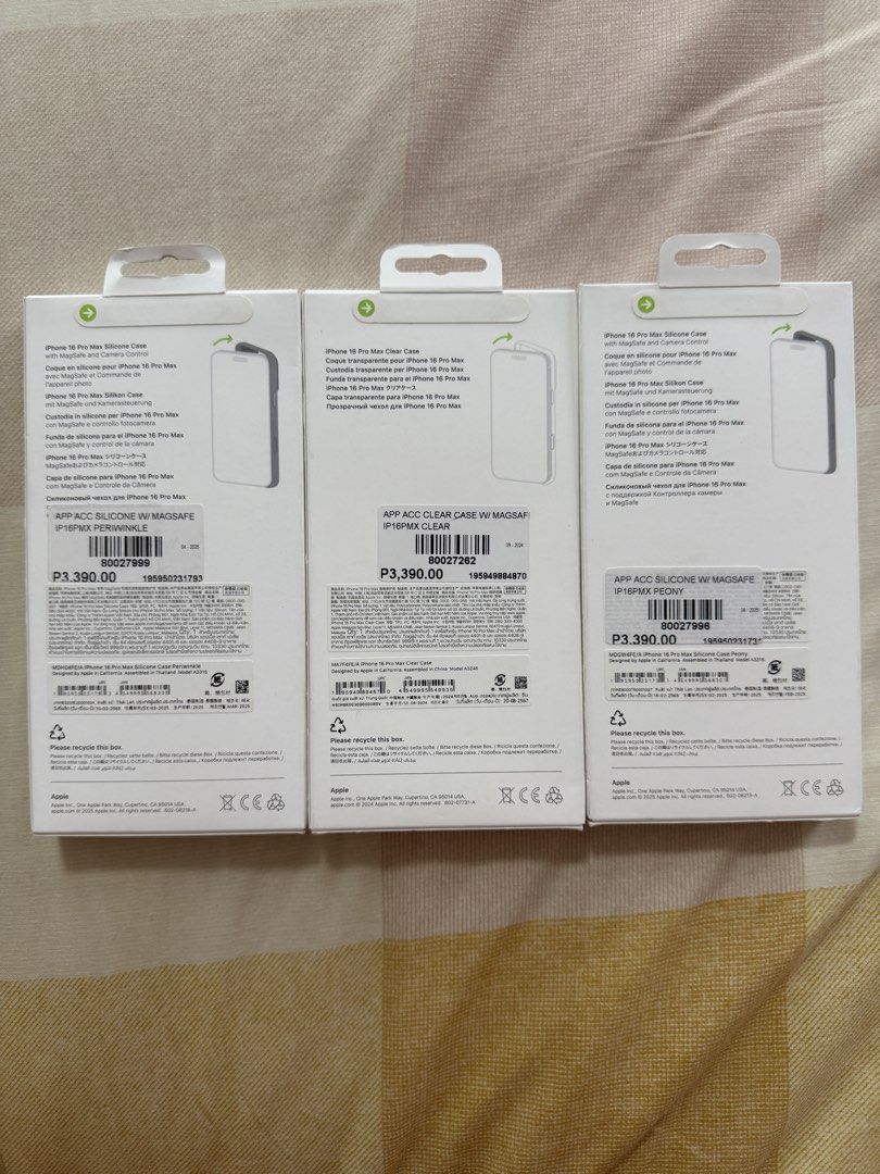 Apple silicone case 16 pro max with magsafe (Category: Cases & Sleeves) located in Quezon City. Submitted by isabella0601 (Listing ID 1463383849, Image 2). Description: Selling bnew and sealed iphone 16 pro max case With magsafe Guaranteed authentic bought from beyond the box Please add 70 sf from bulacan Iphone 16 Pro max Peony - reserved Clear - 1 avail Periwinkle - 1 reserved, 1 avail.