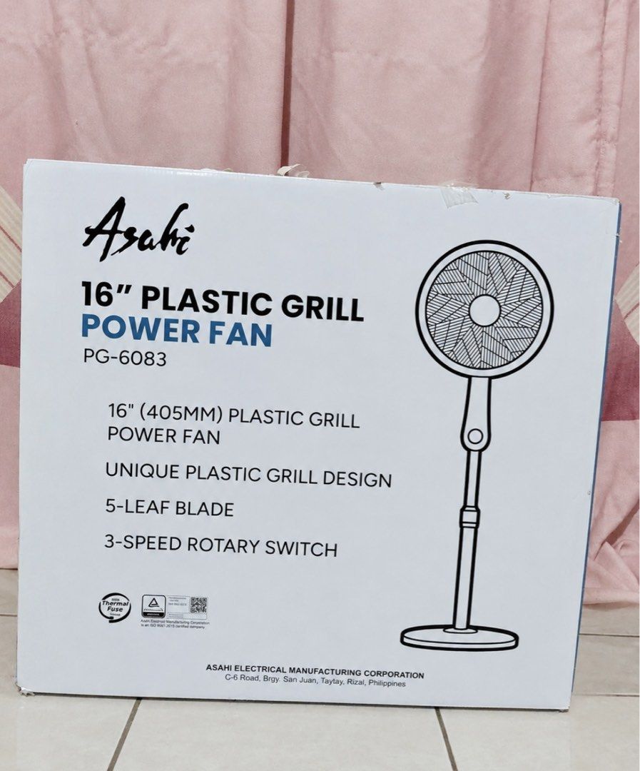 Asahi 16” Aesthetic White Power Stand Fan (Category: Fans) located in Valenzuela. Submitted by danielleruth_ (Listing ID 1463485756, Image 2). Description: Selling: BRAND NEW Asahi 16” Plastic Grill Power Fan PG-6083 SUPER lakas and SUPER lamig na hangin!! SRP: 4289 for two fans Selling for: 1850 pesos only!! Sealed and never opened in original box Photo above shows the other assembled fan RFS: Bought as B1T1, but I only need one fan Location: Va
