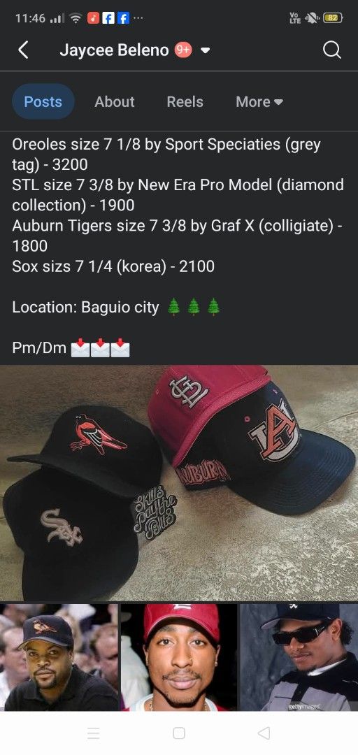 Assorted Baseball Caps - Orioles, STL, Auburn, Sox (Category: Caps & Hats) located in Manila. Submitted by ramosjacqu35241 (Listing ID 1463327646, Image 1). Description: For sale ‼️ Rap Hats 💎 Vintage (Wool) Fitted 🔥 Oreoles size 7 1/8 by Sport Speciaties (grey tag) - 3200 STL size 7 3/8 by New Era Pro Model (diamond collection) - 1900 Auburn Tigers size 7 3/8 by Graf X (colligiate) - 1800 Sox sizs 7 1/4 (korea) - 2100 Location: Baguio city 🌲�
